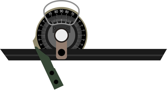 A Vernier bevel protractor isolated on white background, It  is a precision instrument meant for measuring angles to an accuracy of 5 minutes