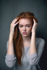 Fototapeta premium shot of a young woman holding onto her head while standing against a grey background