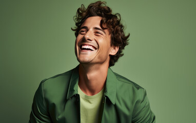 Ultra handsome man, smiling and laughing, wearing bright clothes. Bright solid green background. created by generative AI technology. - obrazy, fototapety, plakaty