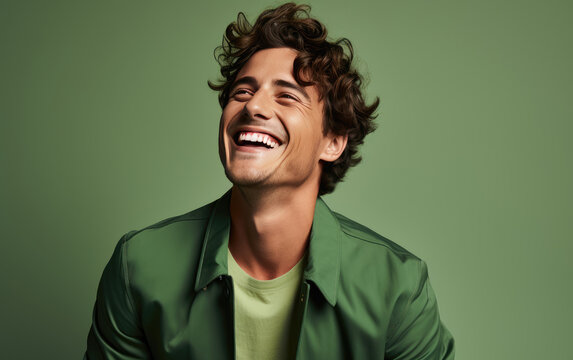 Ultra handsome man, smiling and laughing, wearing bright clothes. Bright solid green background. created by generative AI technology.