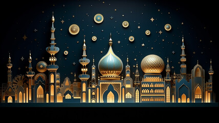 golden arab palace greeting lights up at night fairy tale black background.