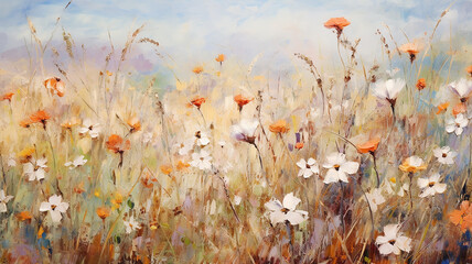 blurred background of daisies on the indian summer field oil painting impressionism. - obrazy, fototapety, plakaty