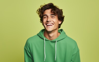 Happy ultra young handsome man, who is smiling and laughing, wearing bright clothes. Bright solid green background. created by generative AI technology.