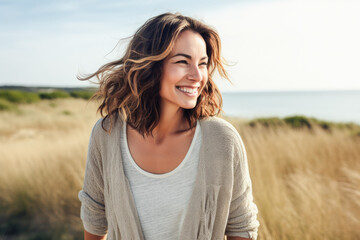 Portrait in the beach of a pleased 30 years old woman.  - obrazy, fototapety, plakaty