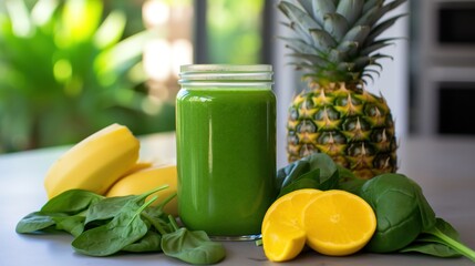  a glass of green smoothie next to a pineapple.  generative ai
