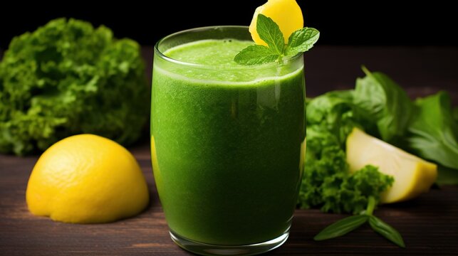  a green smoothie with a lemon and mint garnish.  generative ai