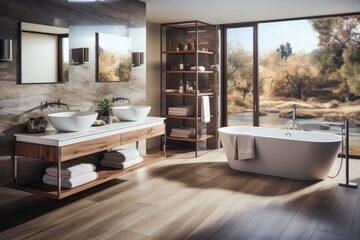 A home bathroom for two, featuring a white interior complemented by a marble wall, accompanied by a wood floor and rustic-style built-ins. Photorealistic illustration, Generative AI