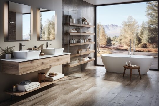 A vacation home bathroom designed for two, where the marble wall harmonizes with the warm wood floor and built-ins. Photorealistic illustration, Generative AI