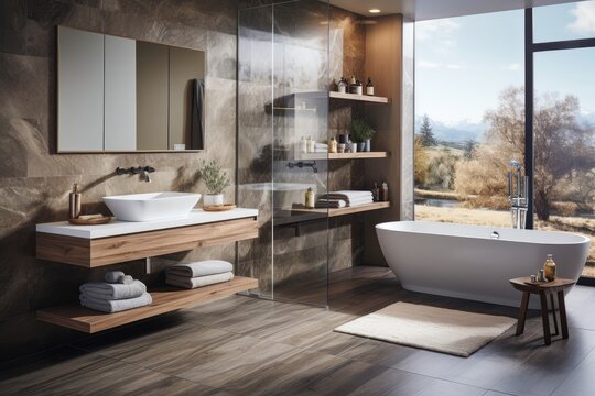 A home bathroom boasting a scenic view, adorned with a marble wall, a wood floor, and rustic wood built-ins. Photorealistic illustration, Generative AI