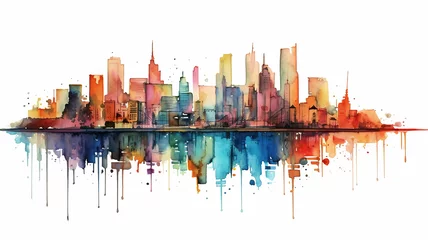 Wall murals Watercolor painting skyscraper multicolored watercolor flat drawing of a city line in the style of ink spots on a white background.