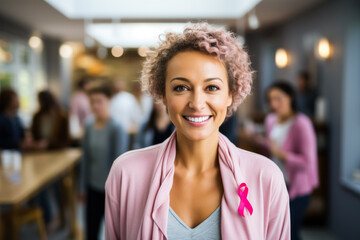 A brave woman smiling with her support group celebrating her victory over breast cancer empty space for text  - obrazy, fototapety, plakaty