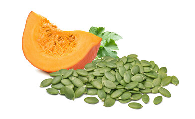 Piece of pumpkin, green seeds and leaves isolated on white background
