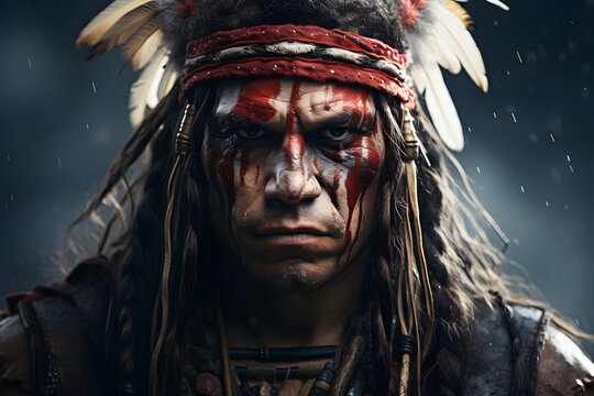 Close-up face of tribal Indian warrior, native American tribe man in colorful traditional makeup and feather headdress, ancient civilization male