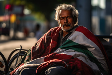 Fototapeta na wymiar Homeless man sleeping on the sidewalk wrapped in the Mexico flag 