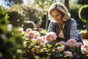A woman planting flowers in a garden symbolizing growth and renewal after her breast cancer treatment 