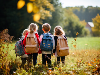 A group of friends with backpacks go to school on the first day.