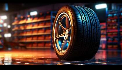 Tires in a tire store, Spare tire car, Seasonal tire change, Car maintenance and service center.