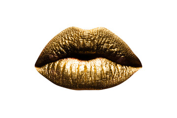 Art gold lips. Golden lips isolated on white background. Clipping path gild lips. Glamour art lips concept.