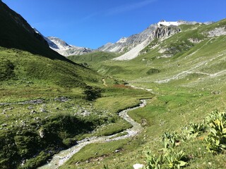 Vallée de Ritort en direction du refuge du Peclet Polset. Pralognan la Vanoise, Parc national de la Vanoise, Alpes du Nord, Tarentaise, Savoie, France.