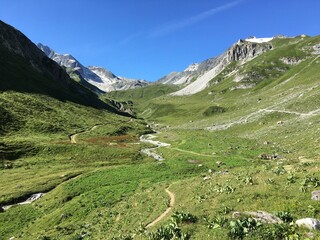 Vallée de Ritort en direction du refuge du Peclet Polset. Pralognan la Vanoise, Parc national de la Vanoise, Alpes du Nord, Tarentaise, Savoie, France.