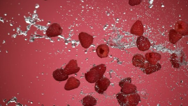 Red Raspberries splashing with water in slow motion.