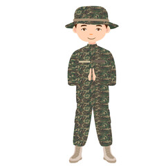 Army Soldier character. Millitary force employee in camouflage with a weapon. Army equipment and technology. War strategy and tactic. 