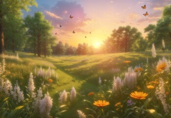 Summer forest glade with flowering grass and butterflies on a sunset day - obrazy, fototapety, plakaty