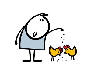 Cartoon kind stickman farmer pours grain, feeds little yellow chickens. Vector illustration of stick figure boy and domestic birds outdoor.