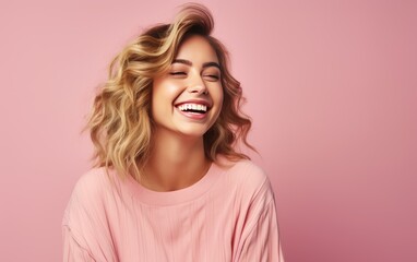 Happy ultra beauty girl, who is smiling and laughing, wearing bright clothes. Bright solid background. created by generative AI technology. - obrazy, fototapety, plakaty