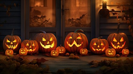  a group of carved pumpkins sitting on a porch next to a window.  generative ai