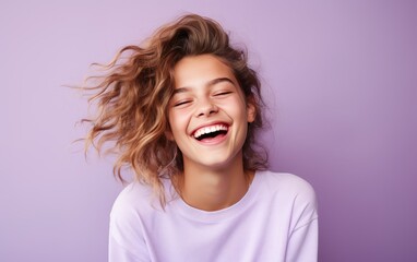 Happy young girl, who is smiling and laughing, wearing bright clothes. Bright solid background. created by generative AI technology.