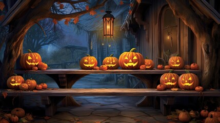  a group of carved pumpkins sitting on top of a wooden bench.  generative ai