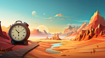 creative illustration of a clock and a beautiful landscape in the background. Generative AI
