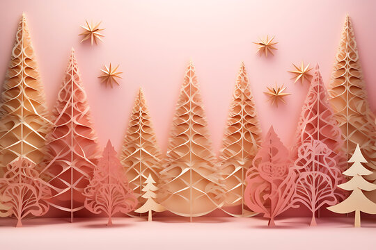 christmas tree pastel pink kirigami paprer background, pink and gold 