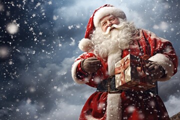 Happy Santa Claus outdoors in heavy snow.