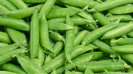 Fresh pea pods as background. Top view.