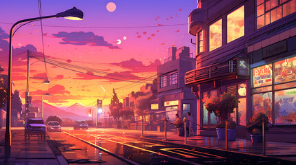 sunset on a city street with shops and stores on the street Lofi anime style