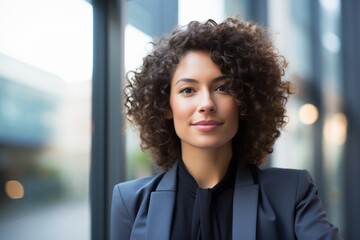 Portrait of a business woman in a suit with curly hair surrounded by big tech windows