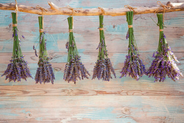 Drying bunches of lavender on a wooden background