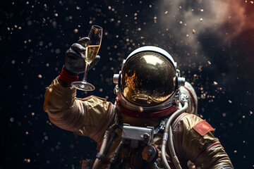 Generative AI, holiday concept. happy New Year background. cosmonaut in space with champagne. Cosmic Christmas - obrazy, fototapety, plakaty