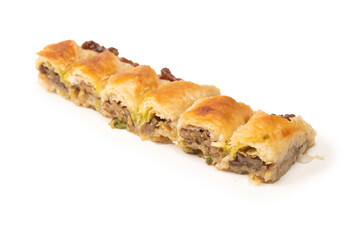Delicious sweet baklava with walnuts isolated on white background.