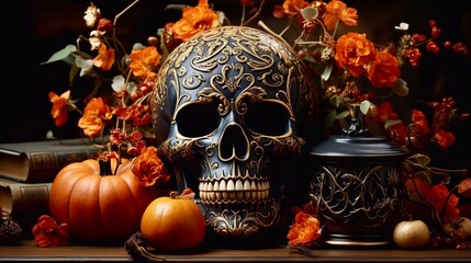 halloween pumpkin and skull, generative ai 