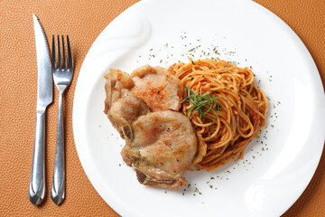grilled golden bbq meat chicken chop pork cutlet beef steak with fried bolognese tomato sauce pasta noodle on brown leather white background western chef halal food restaurant banquet menu cafe