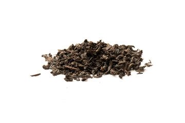 Dried tea leaves isolated on a white background.