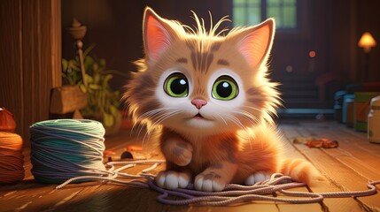  a cat sitting on a floor next to a ball of yarn.  generative ai