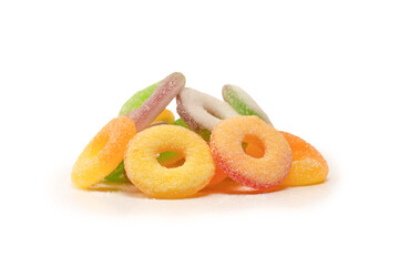 Assorted gummy candies isolated on a white background. Top view.