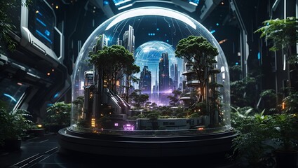 views of the city's ecosystem with green trees in a beautiful and cool glass dome made by ai