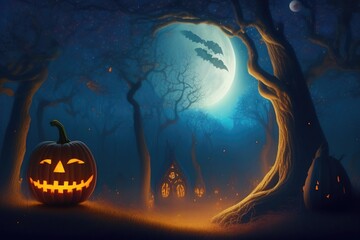 Background for Halloween. Dark mysterious forest with pumpkins on a spooky night. Generated by AI.