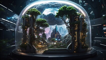 views of the city's ecosystem with green trees in a beautiful and cool glass dome made by ai
