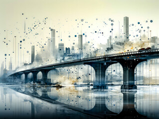 Fototapeta na wymiar a city of the future with bridges, monochrome, reflection,